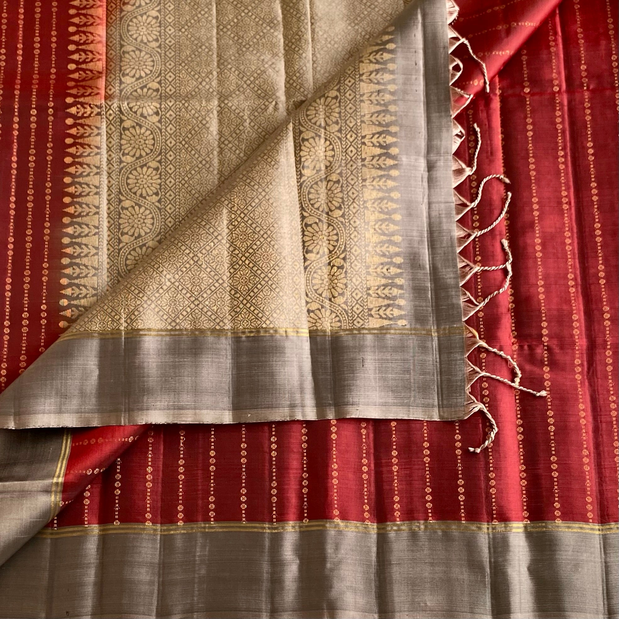 Deep Maroon Designer Pure Silk With Smokey Taupe Pallu