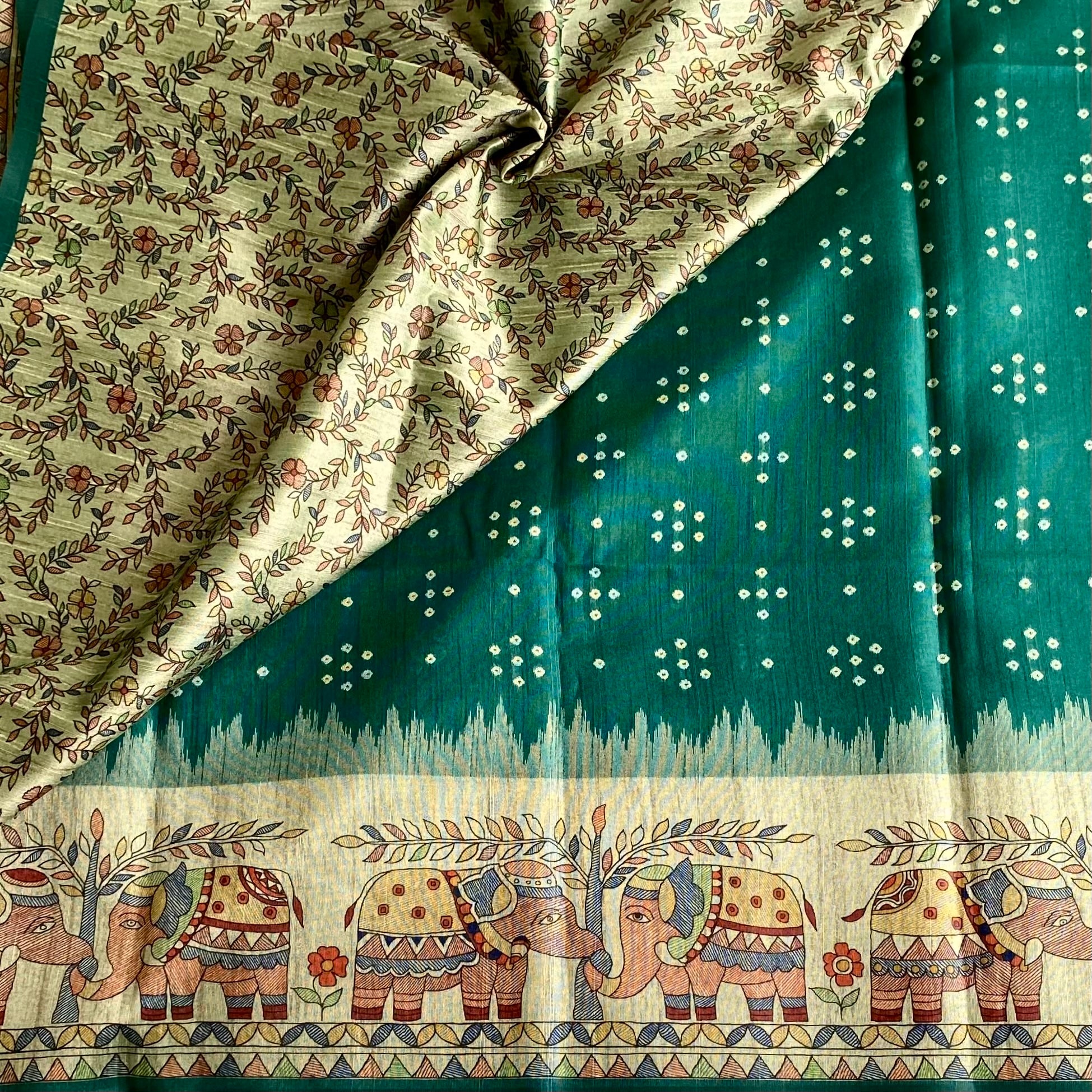 Bluish Green Soft Tusaar Silk with Printed Designer Warli Borders & Pallu