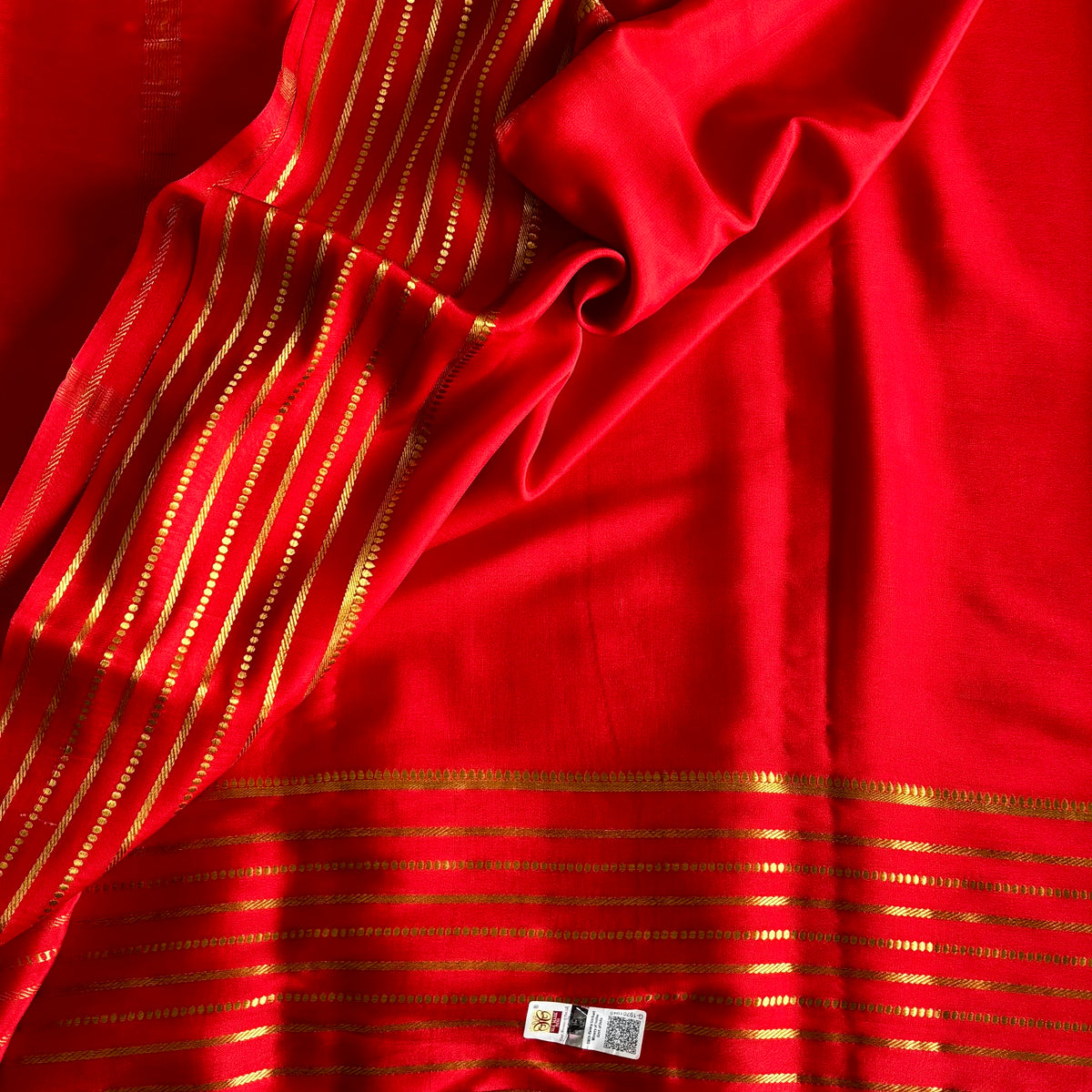 Crimson Red Mysore Crepe Silk with Gold Striped Zari Border Traditional Wear