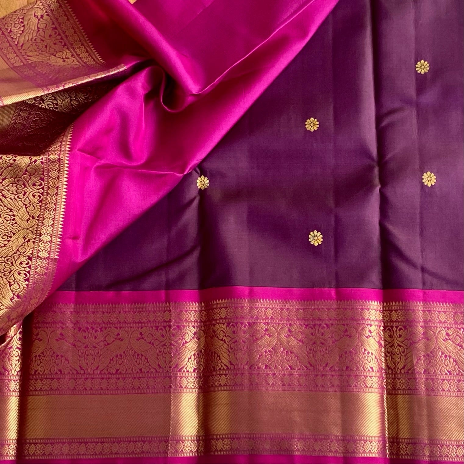 Deep Plum Kanjeevaram Pure Silk Saree With Magenta Border