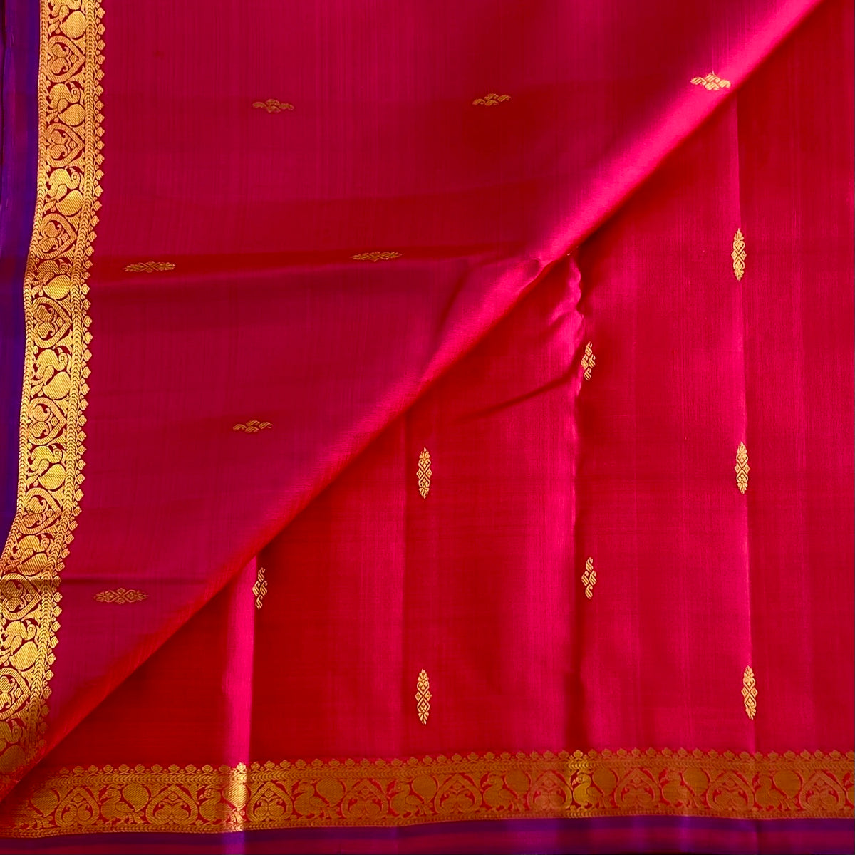 Raspberry Pinkish Red Kanjeevaram Pure Zari Saree With indigo Purple Pallu