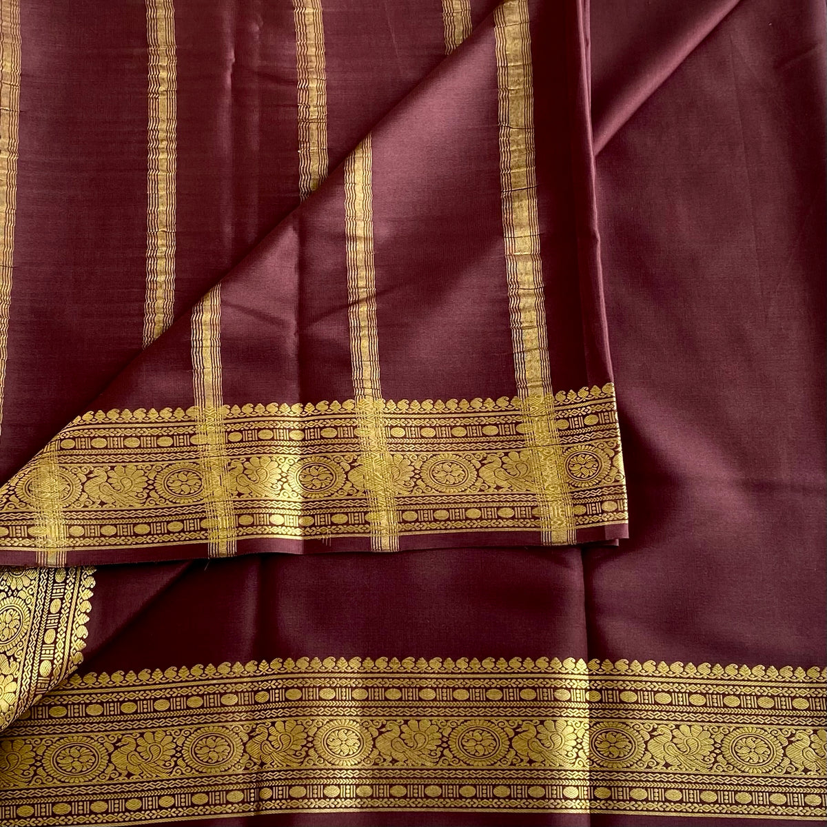 Chocolate Wine Brown Maroon Mysore Crepe Silk Saree With Metallic Gold Border