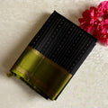 Jet Black Designer Pure Silk Saree With Chartreuse Green Pallu