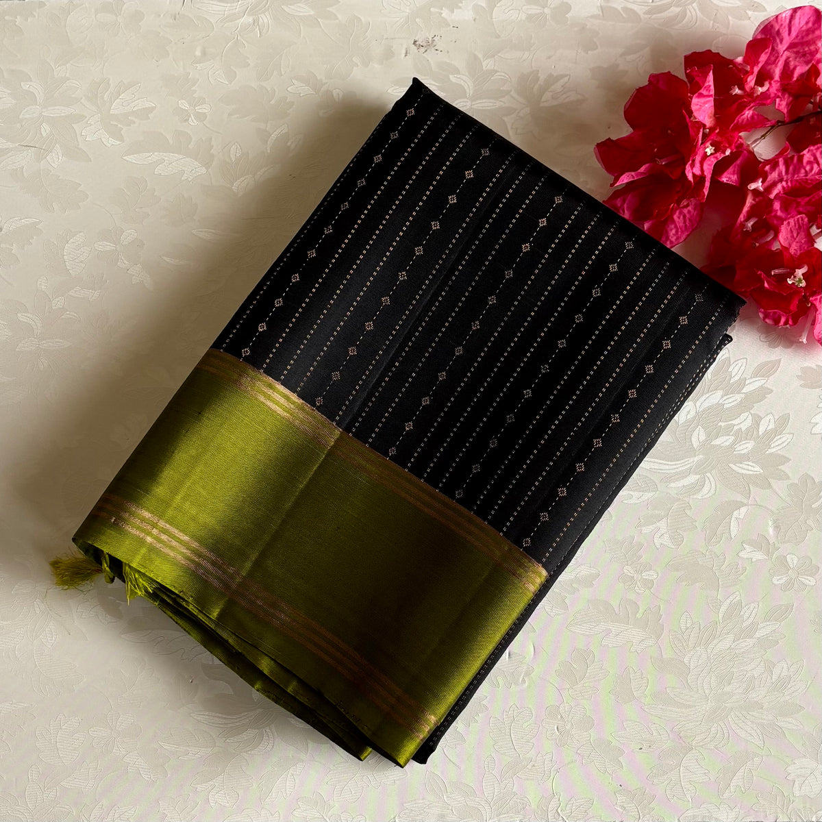 Jet Black Designer Pure Silk Saree With Chartreuse Green Pallu