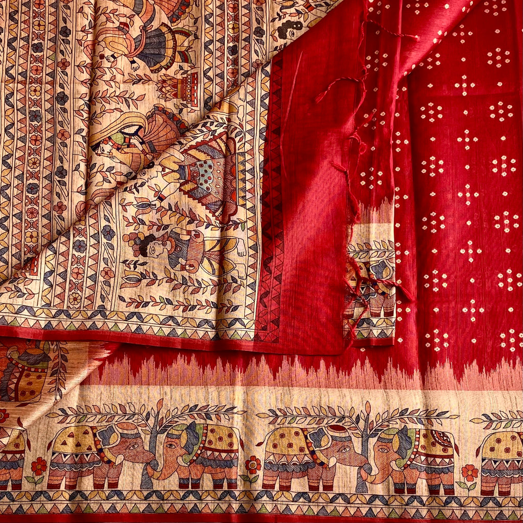 Crimson Red Soft Tusaar Silk with Printed Designer Warli Borders & Pallu