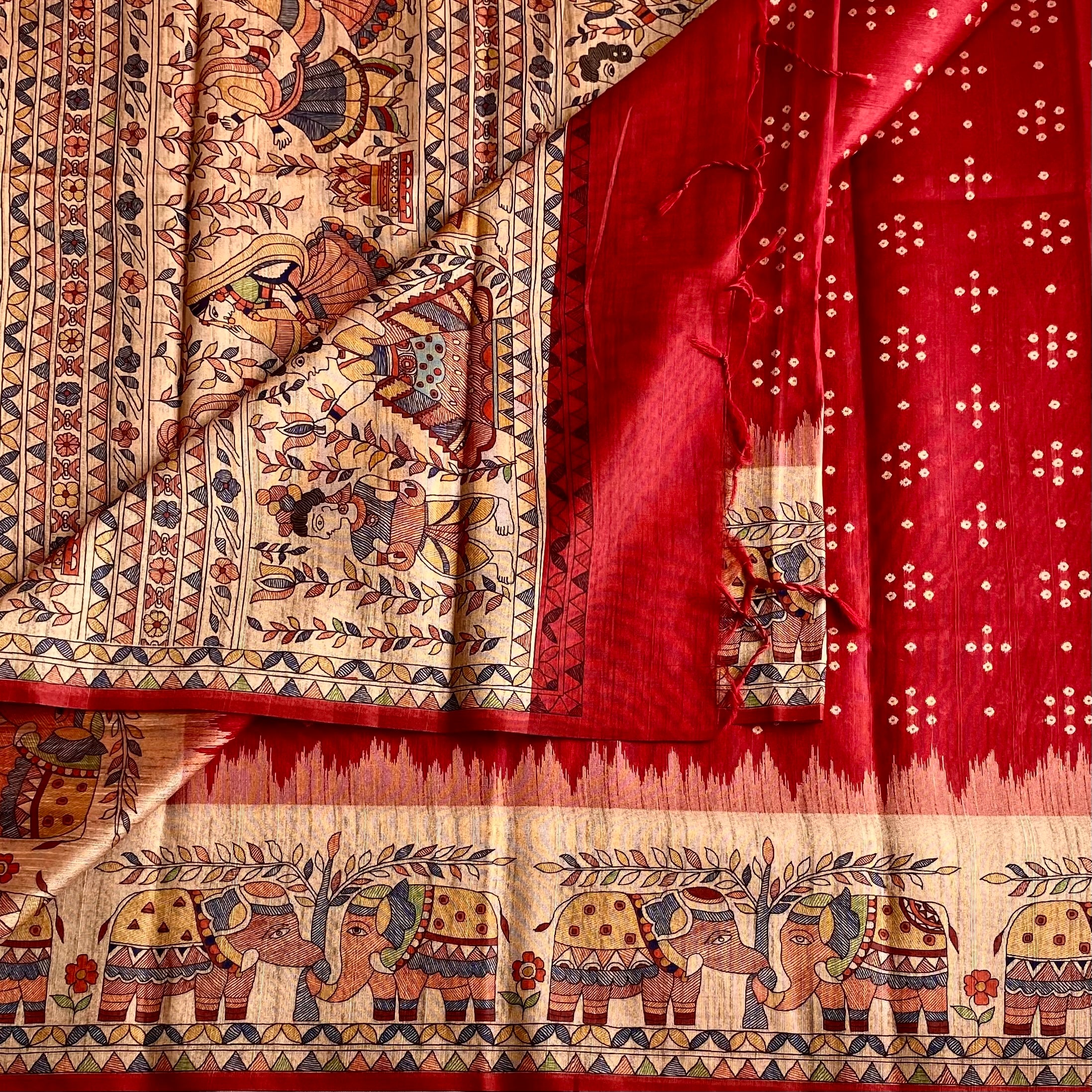 Crimson Red Soft Tusaar Silk with Printed Designer Warli Borders & Pallu