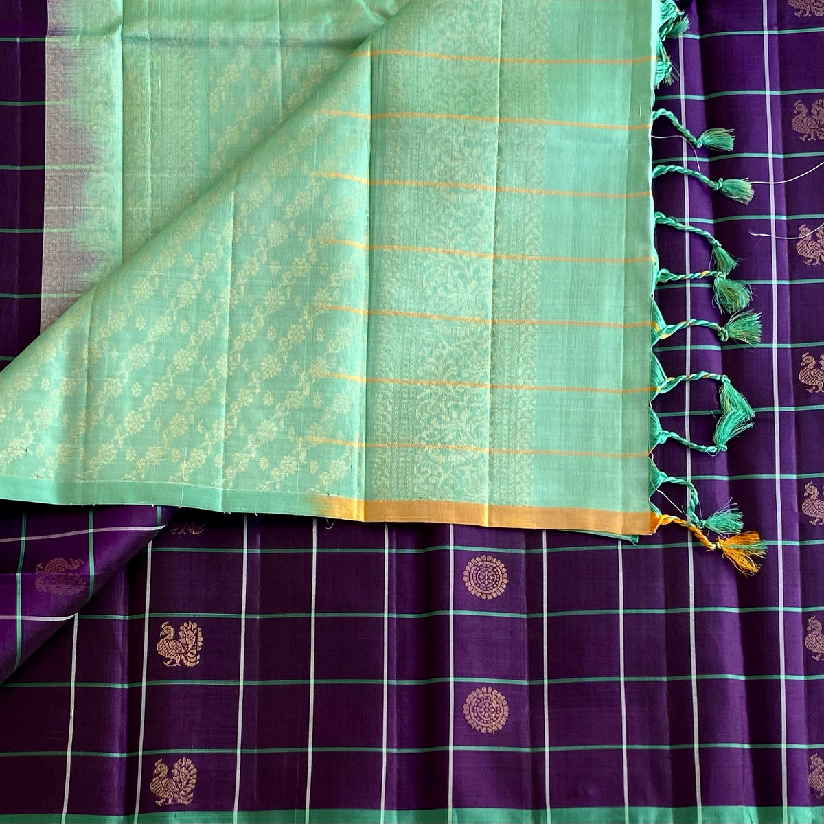 Brinjal Purple Designer Checkered Pure Silk With Mint Green Pallu