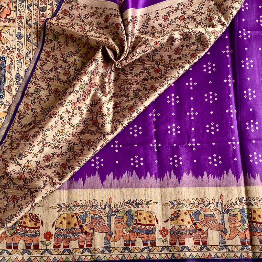 Rich Violet Soft Tusaar Silk with Printed Designer Warli Borders & Pallu