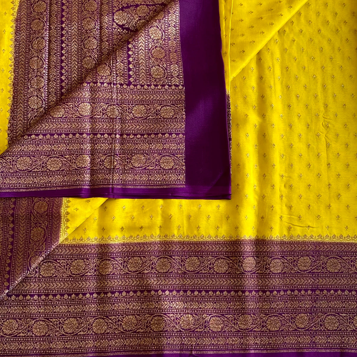 Lime Yellow Banarasi Crepe Silk Saree With Royal Purple Gold Brocade