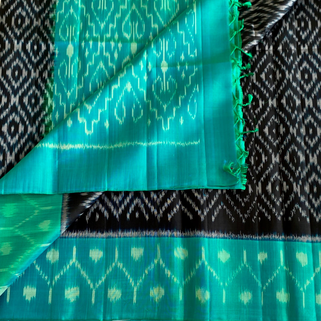 Black with Teal Stunner Ikkat Designer Pure Silk