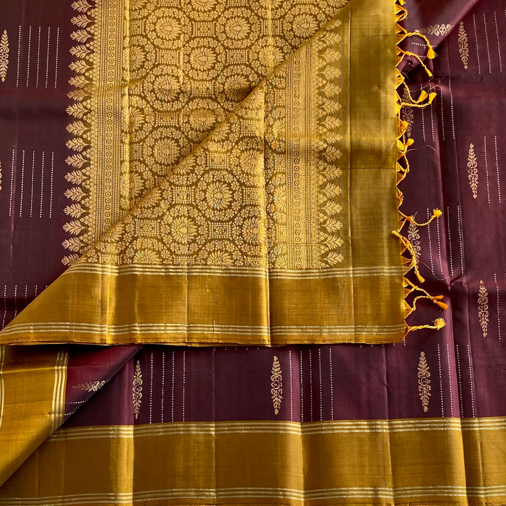 Chocolate Wine Designer Pure Silk Saree With Mustard Gold Pallu