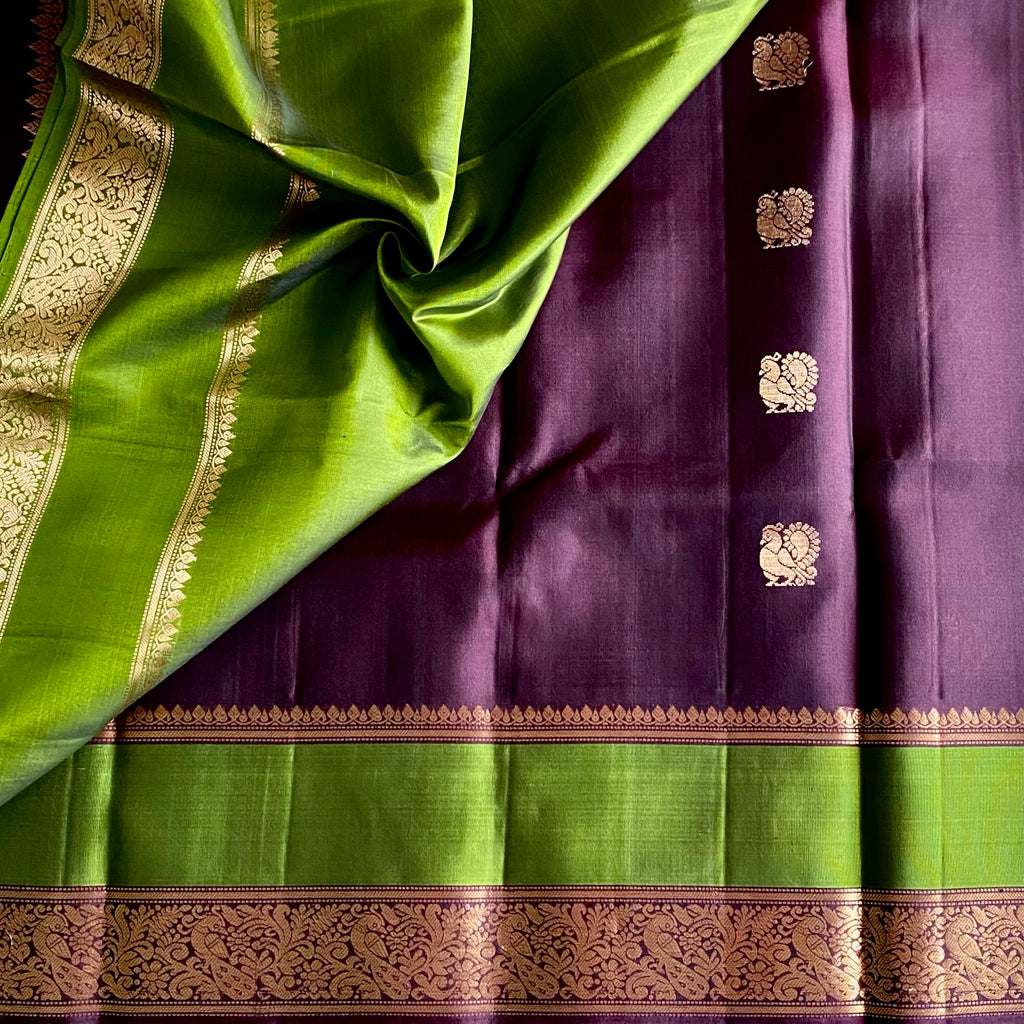 Plum mix Brown Designer Pure Silk Saree With Olive Green Pallu