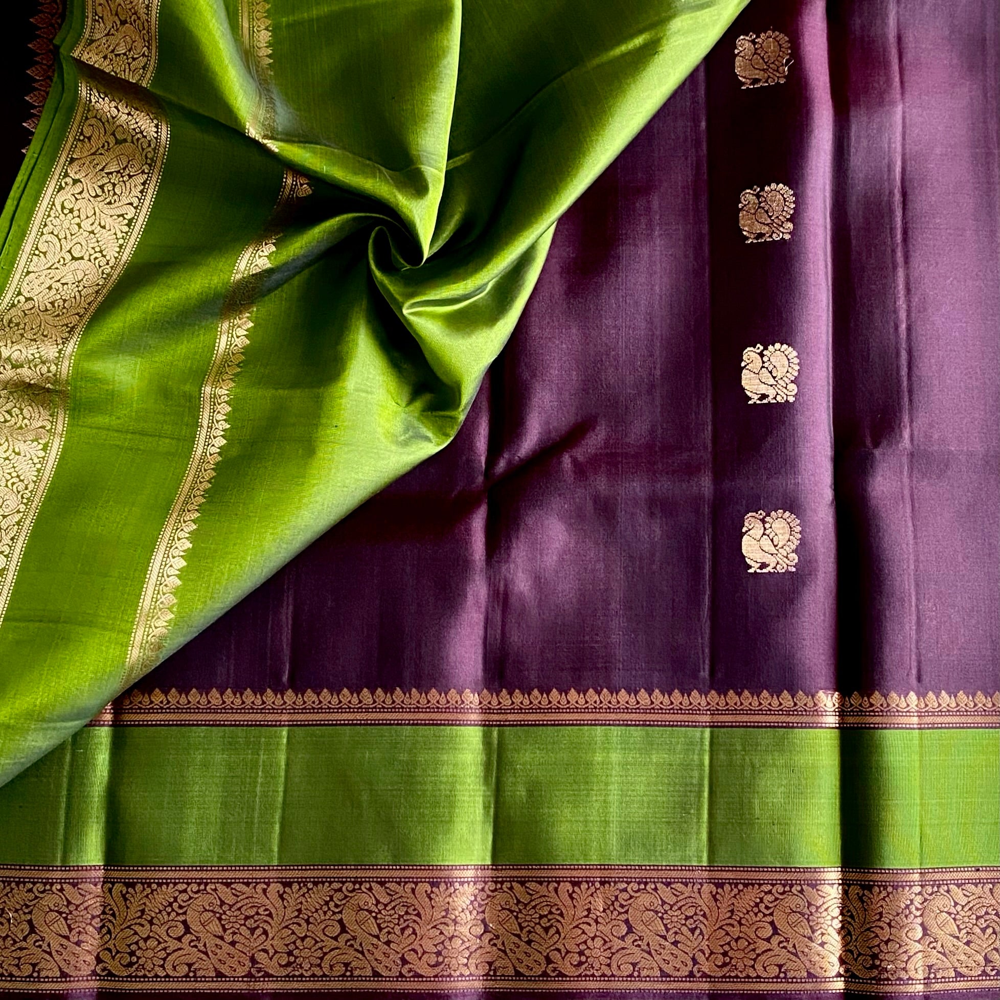 Plum mix Brown Designer Pure Silk Saree With Olive Green Pallu