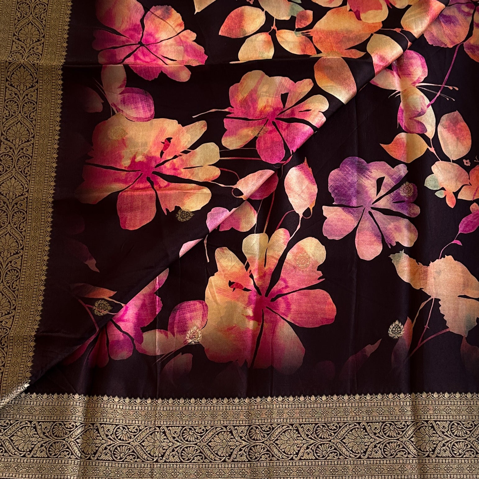 Deep Plum soft tussar Silk  Antique Gold Brocade Floral Pallu Woven Border