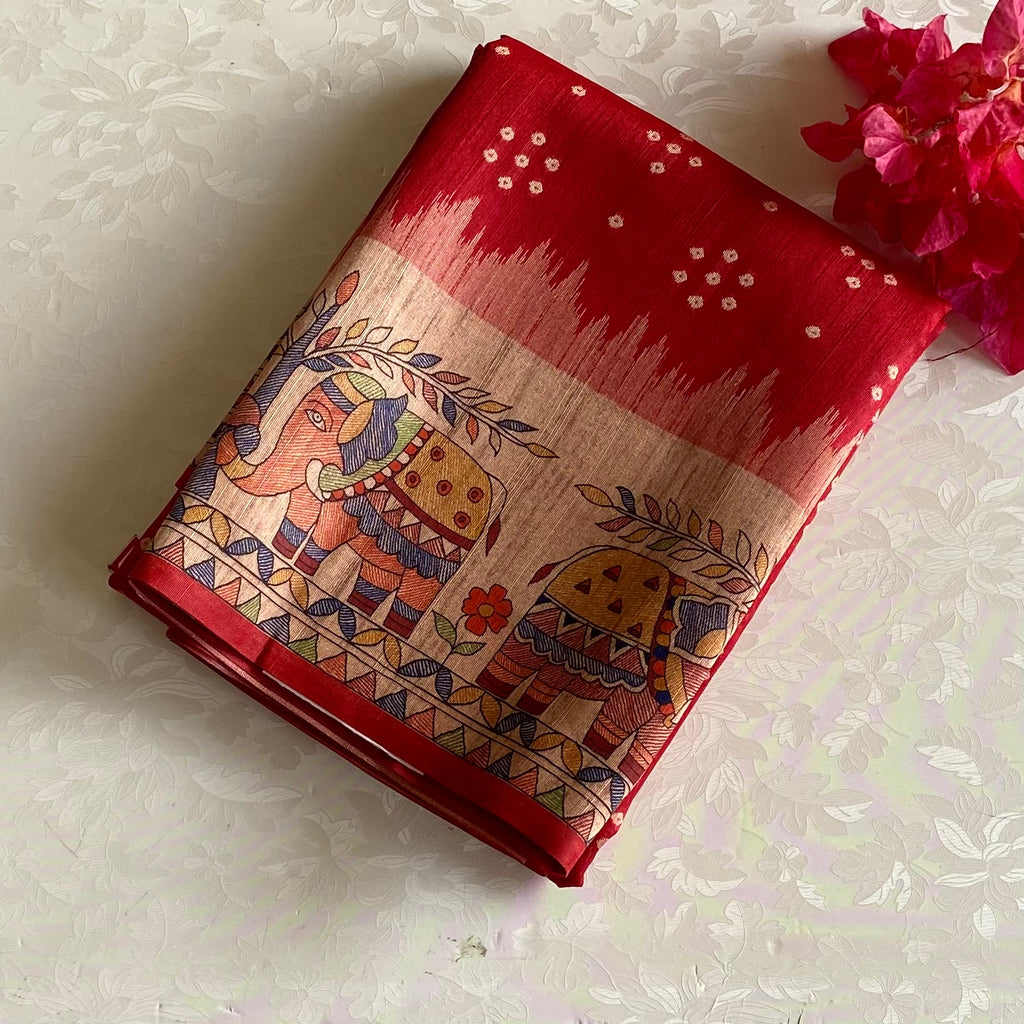 Crimson Red Soft Tusaar Silk with Printed Designer Warli Borders & Pallu