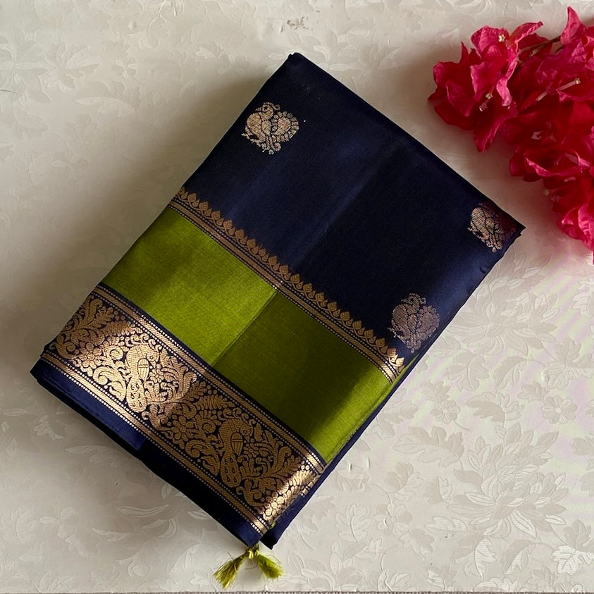 Midnight Navy Blue Designer Pure Silk Saree With Olive Green Pallu