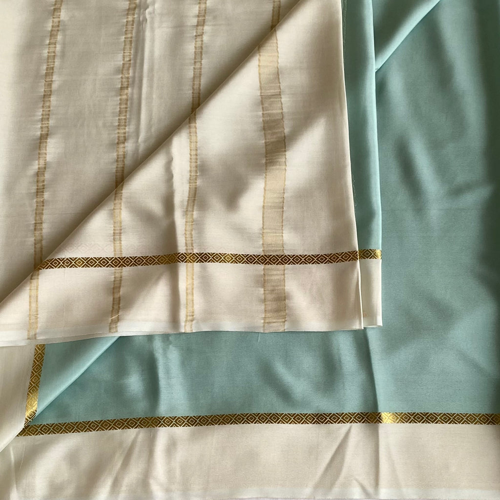 Pastel Powder Blue Mysore Crepe Silk Saree With Ivory Pallu And Gold Border