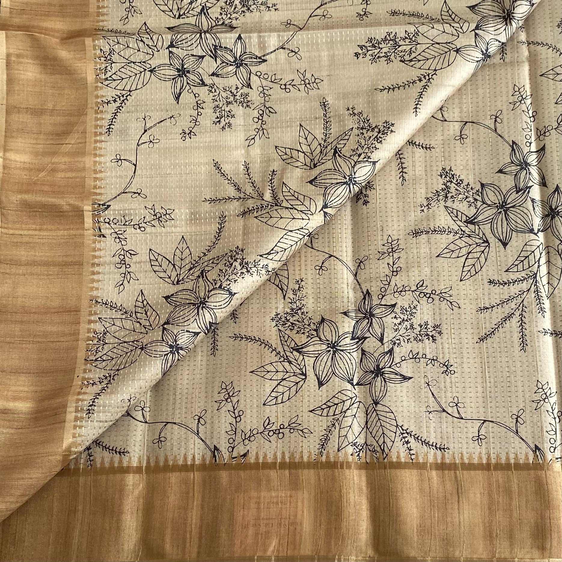 Ecru Beige Soft Tussar Silk Saree With Magical Light Gold Panel