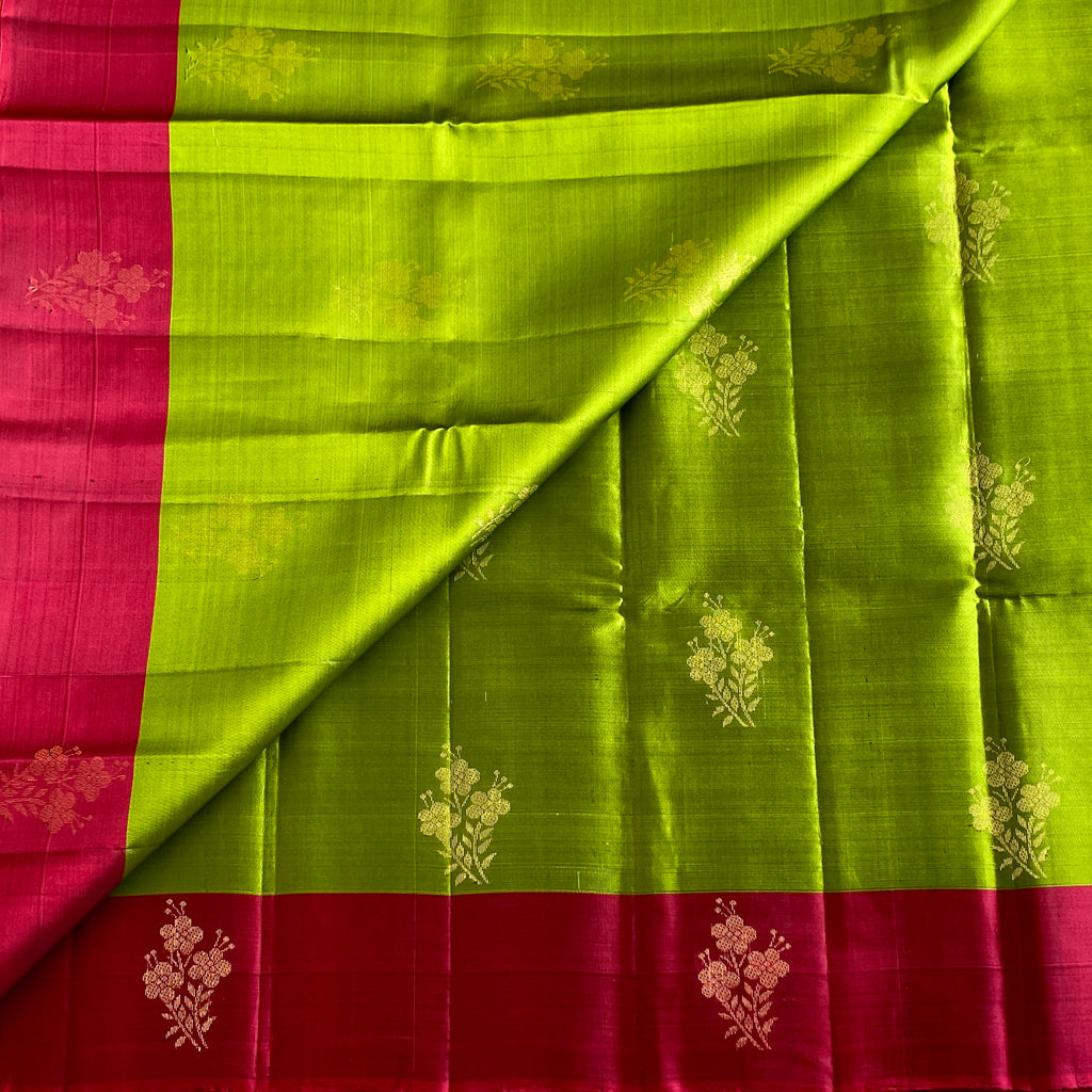Lime Green Designer Pure Silk Saree With Cherry Red Pallu And Gold Zari