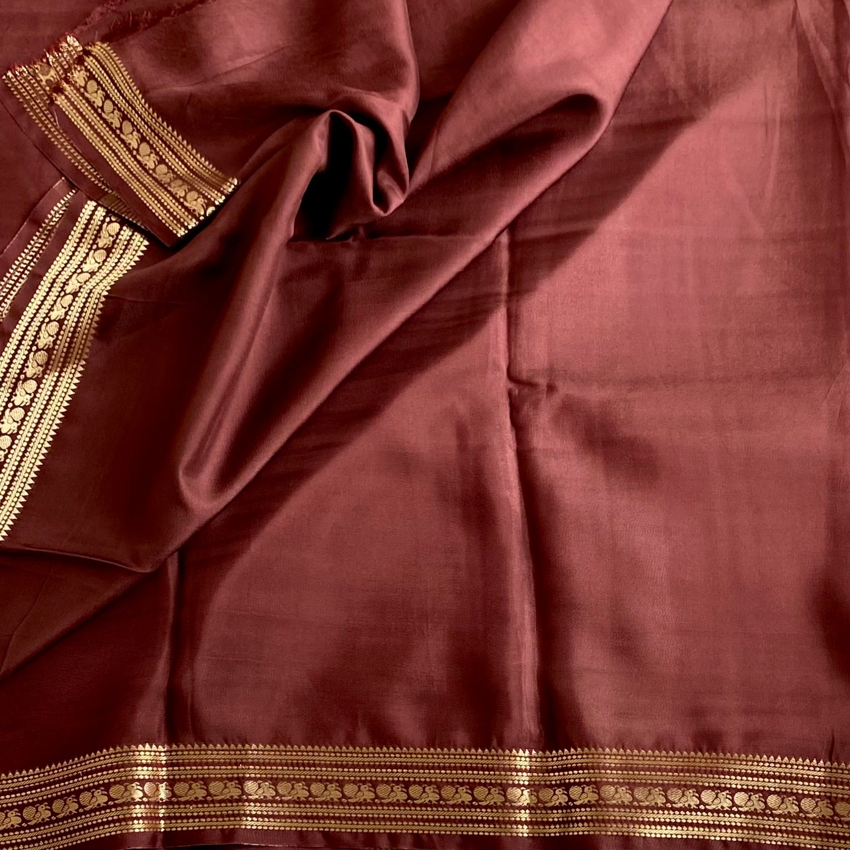 Copper  Brown Premium Soft Crepe Silk With Metallic Gold Pallu