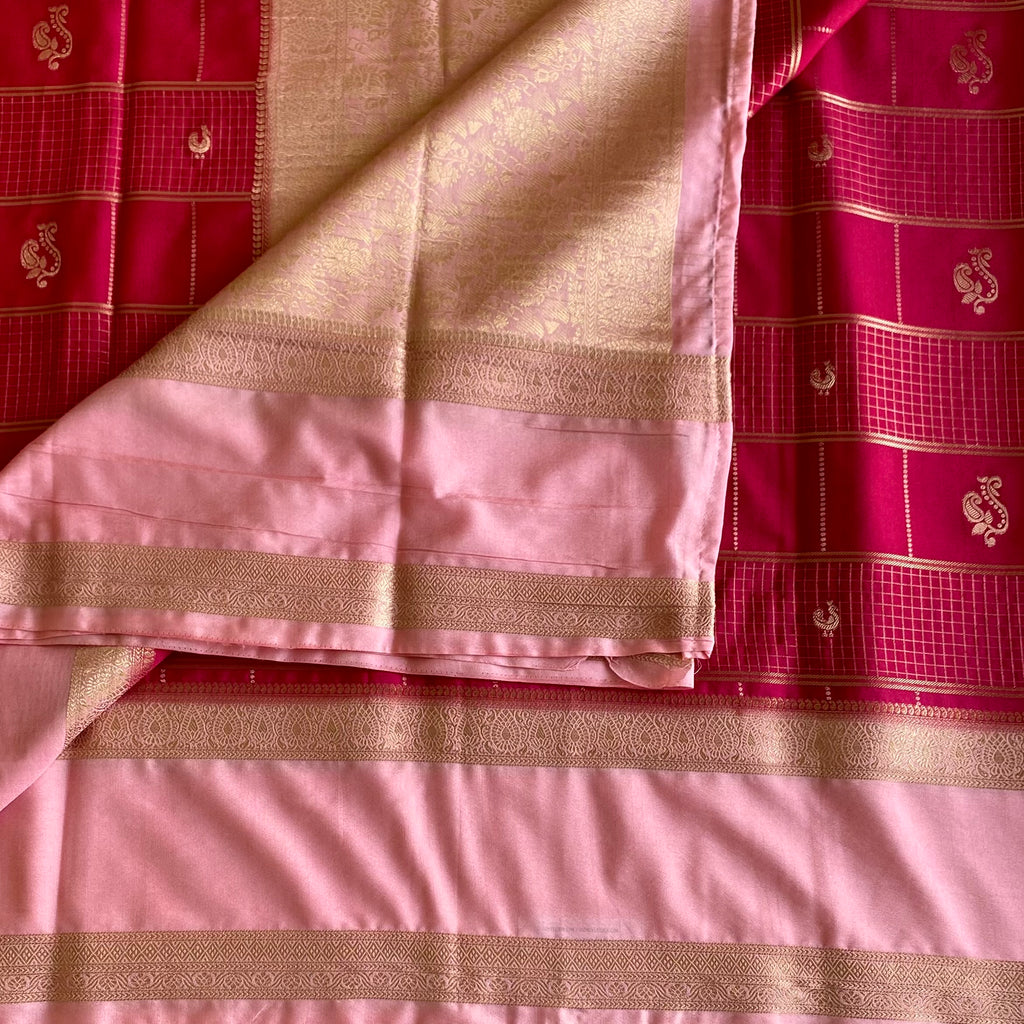 Cherry Pink Soft Tussar With Blush Pink Checkered Weave