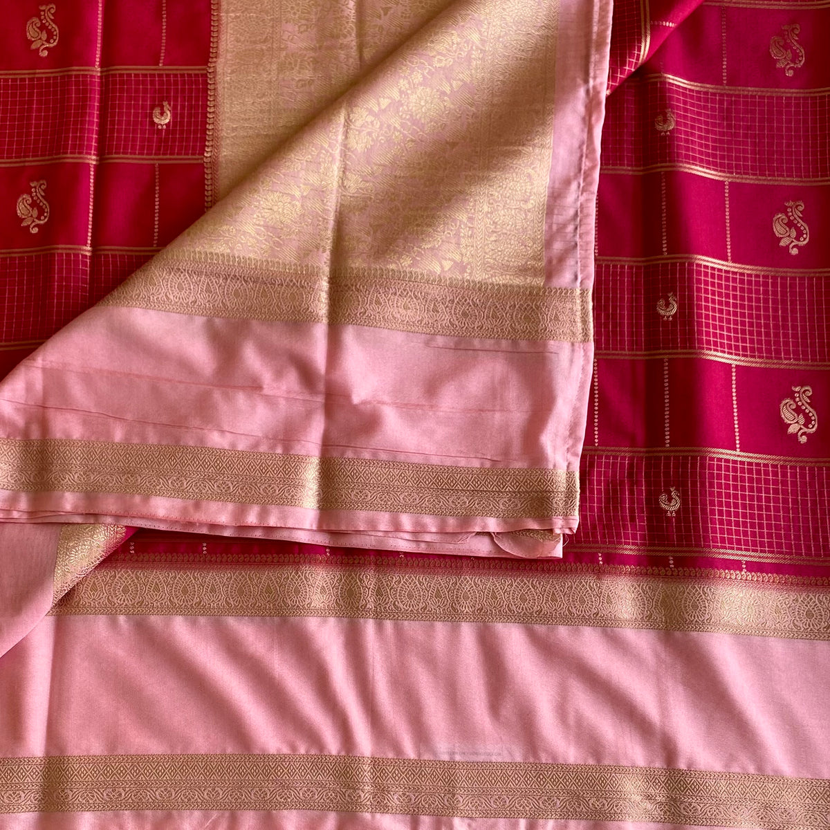 Cherry Pink Soft Tussar With Blush Pink Checkered Weave