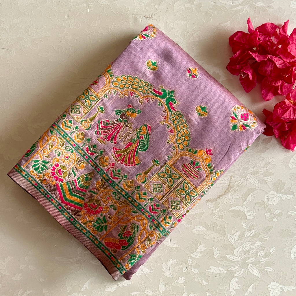 Elegant Dusty Mauve Brocade Saree with Gold Zari Tassels Traditional