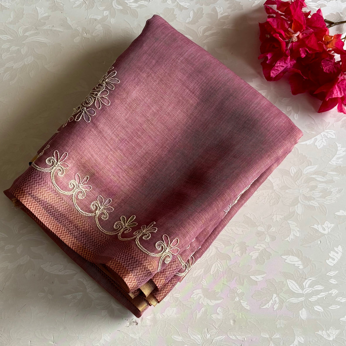 Dusty Rose Soft Tissue Linen Silk Saree With Antique Gold Embroidery