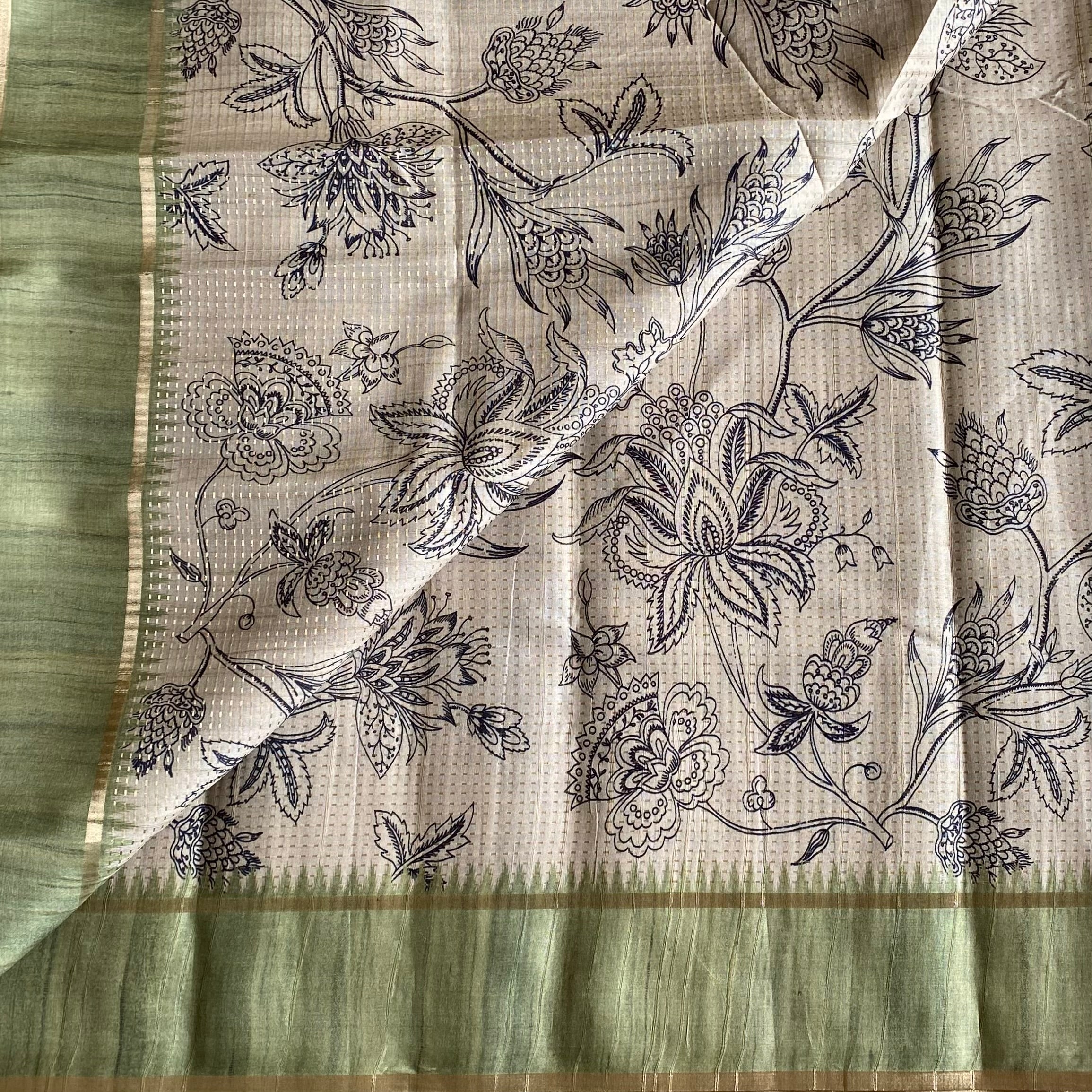 Classic Tussar Beige With Pastel Olive With Designer Zari weave