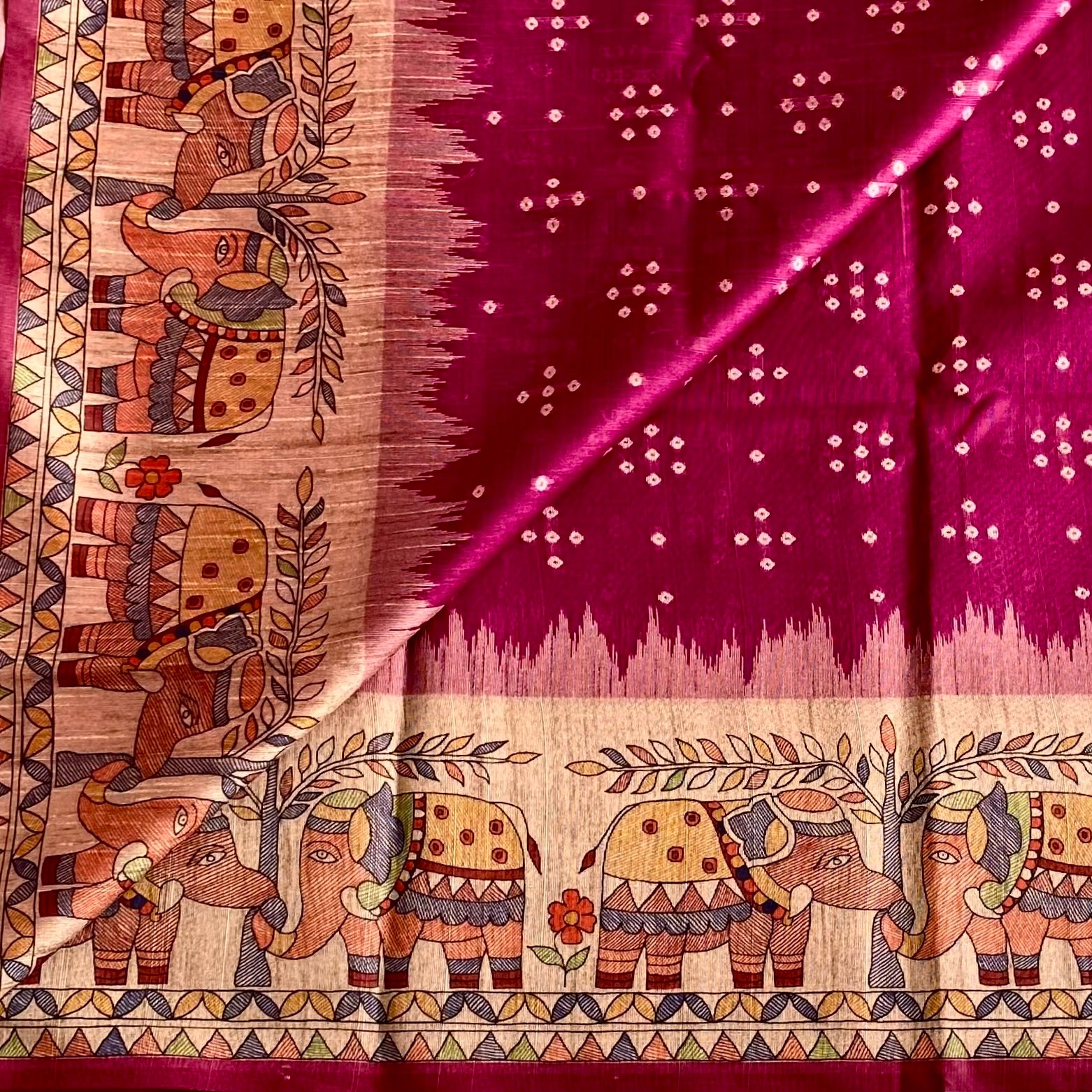 Raspberry Magenta Soft Tusaar Silk with Printed Designer Warli Borders & Pallu