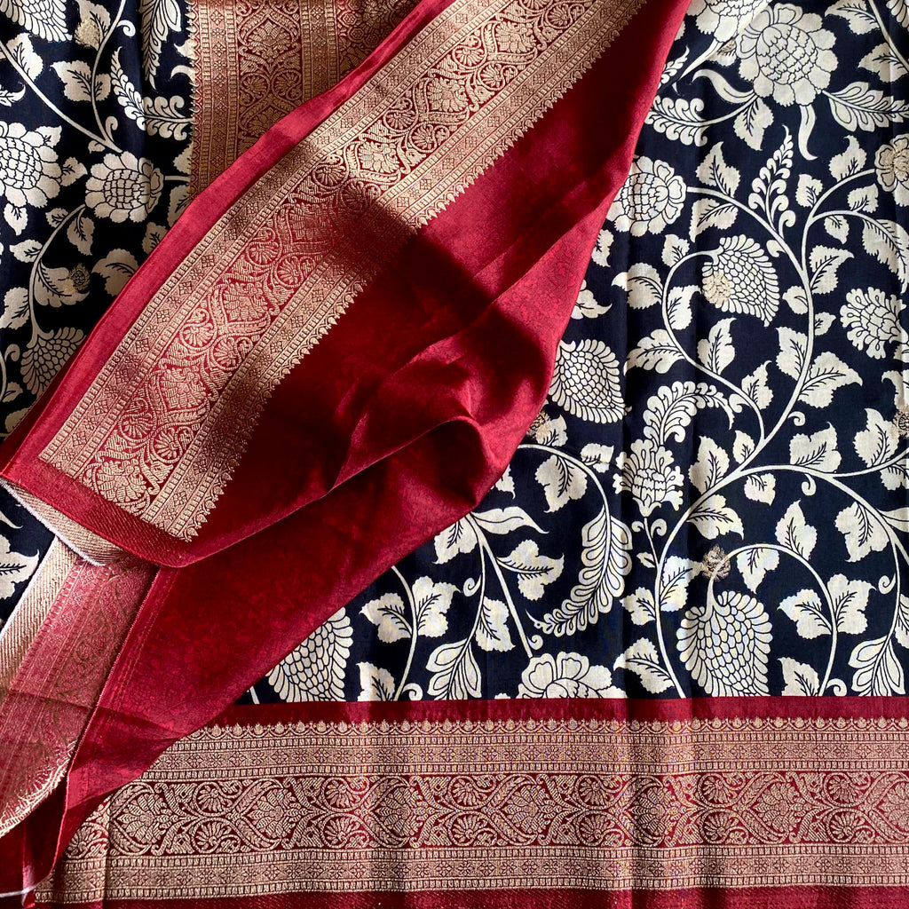 Midnight Black Soft Tussar Silk Saree With Deep Maroon Pallu