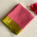 Rose Pink Checkered Mysore Crepe Silk With Lime Green Borders & Pallu