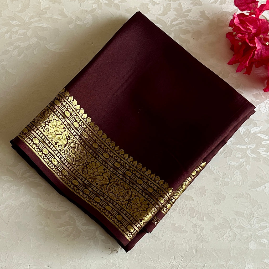 Chocolate Wine Brown Maroon Mysore Crepe Silk Saree With Metallic Gold Border