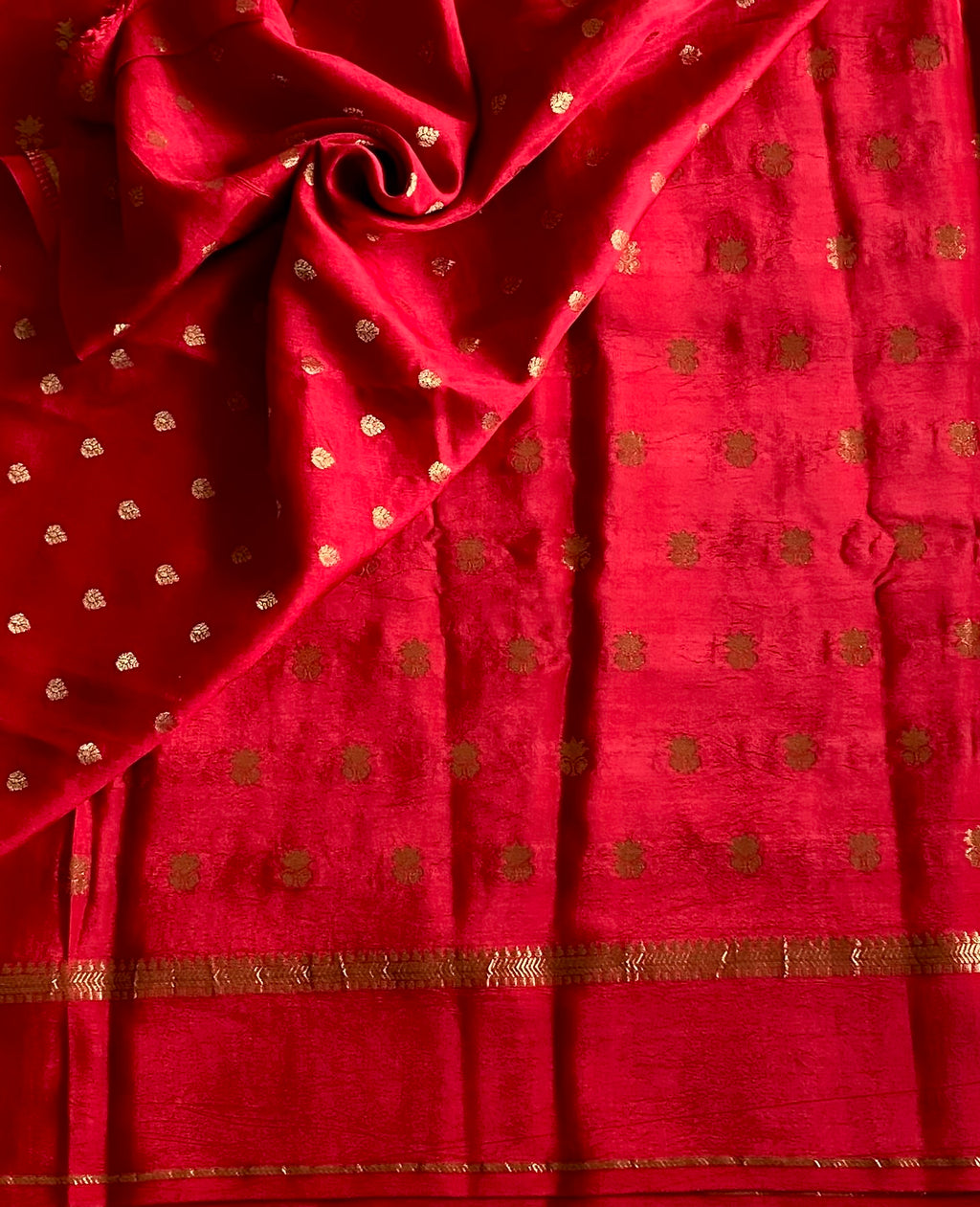 Scarlet Red soft crepe silk with Metallic Gold Motifs Striped Pallu Traditional Wearo