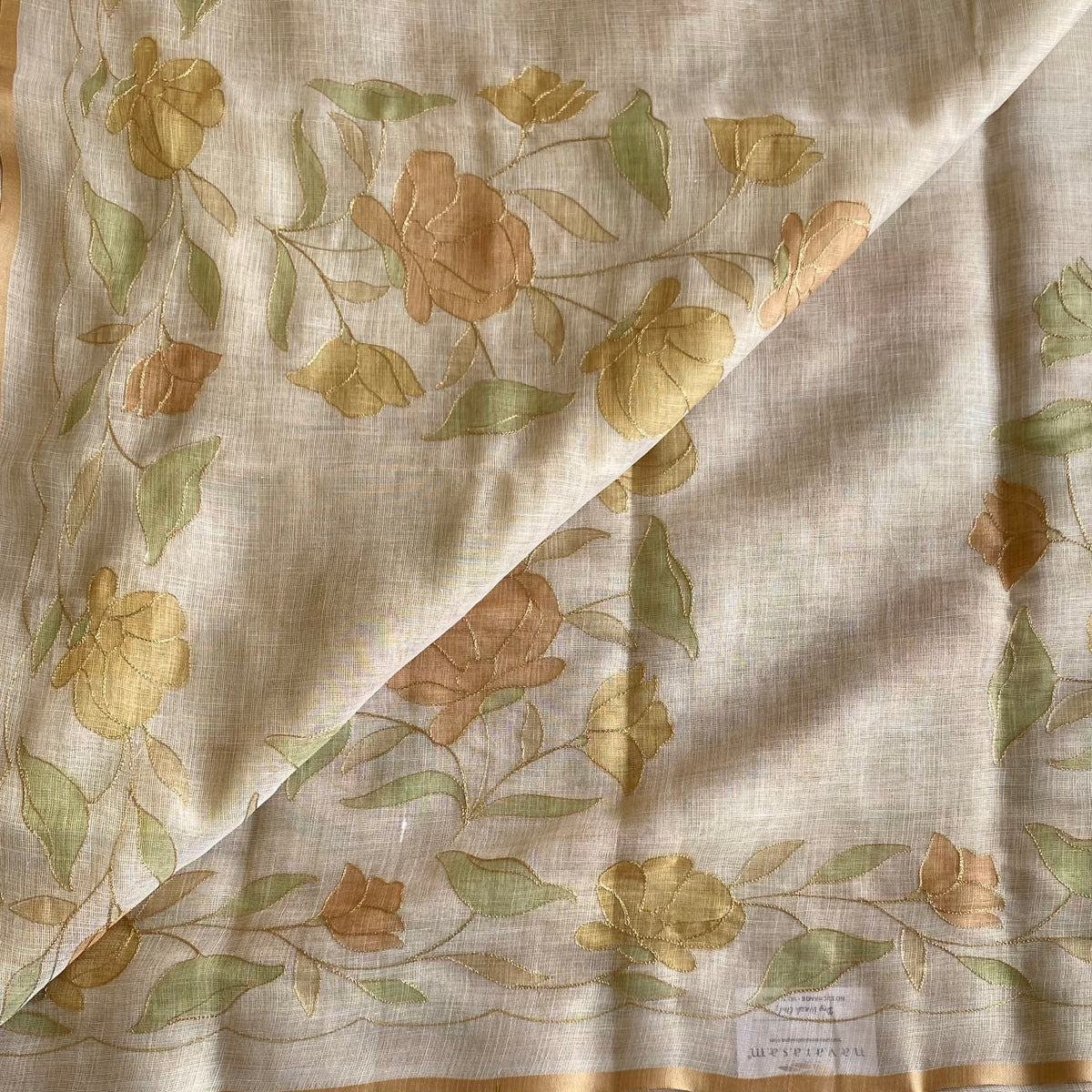 Light Beige Soft Tissue Linen Saree With Golden Yellow Accents