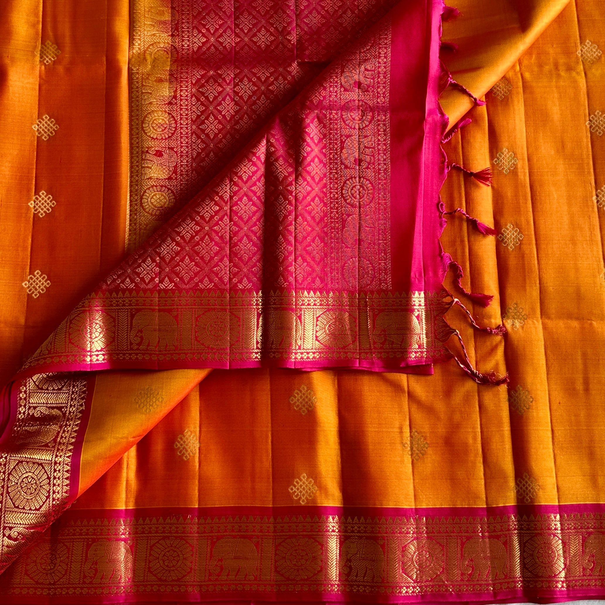 Sunset Orange Designer Pure Silk Kollam Zari Weave & Rani Pink Contrast