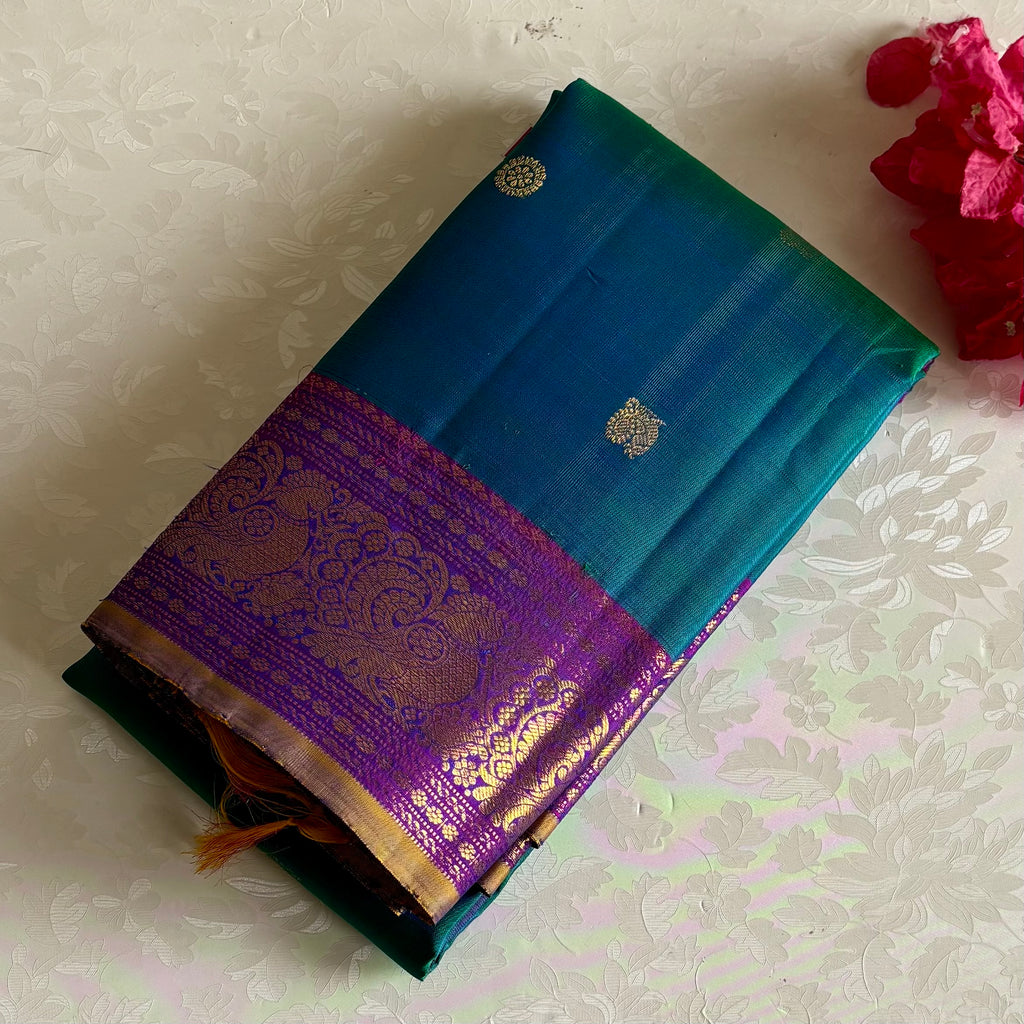 Stunner Peacock Blue Kanjeevaram Pure Zari Silk Saree With Dual Violet Purple Pallu
