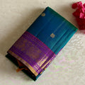 Stunner Peacock Blue Kanjeevaram Pure Zari Silk Saree With Dual Violet Purple Pallu
