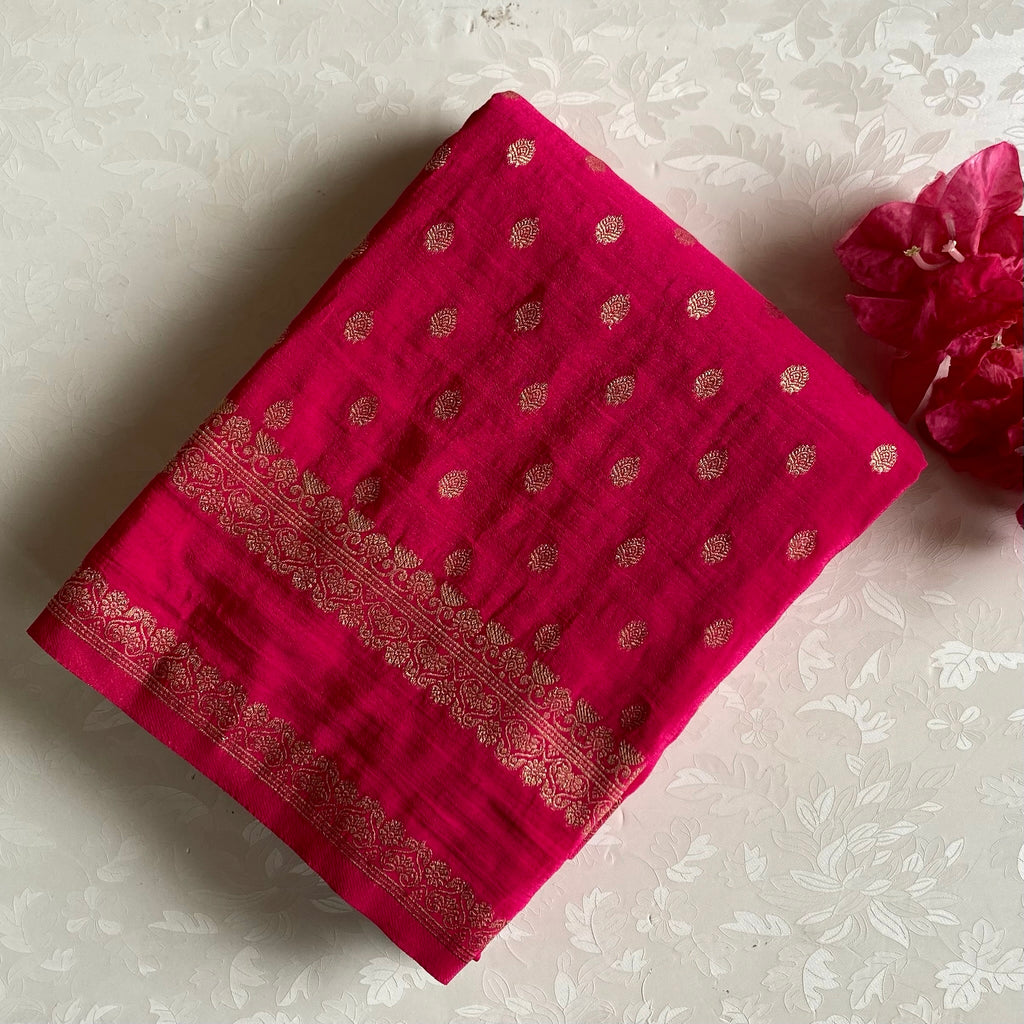 Rani Pinkish Red Soft Tussar Silk Saree With Antique Gold Brocade Pallu