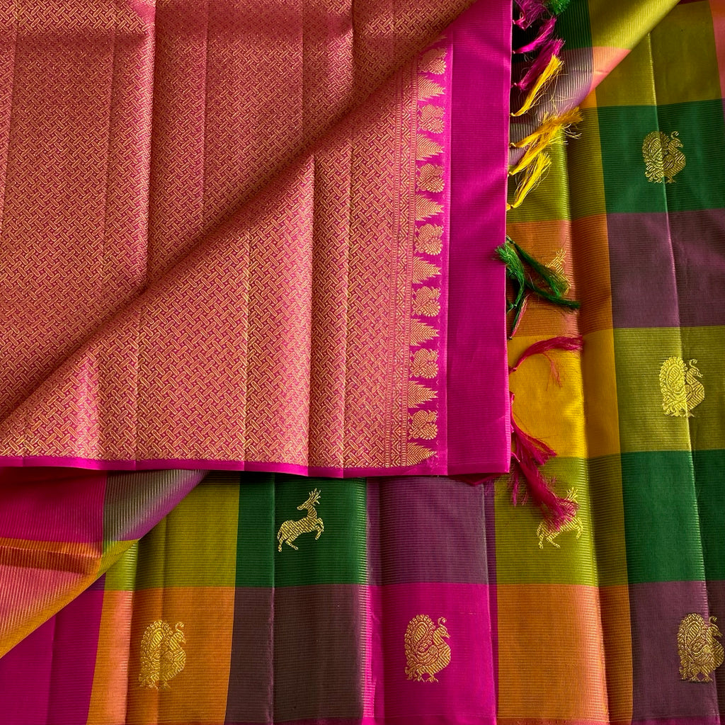 Exquisite Multi Checkered Pure Zari Kanjeevaram Stunner With Deer & Peacock Buttas