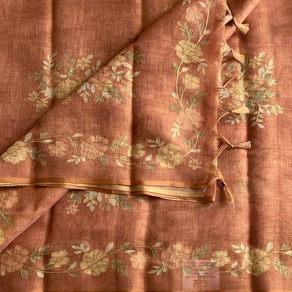 Muted Terracotta Soft Tussar Silk Saree With Embroidered Designer Borders n Pallu