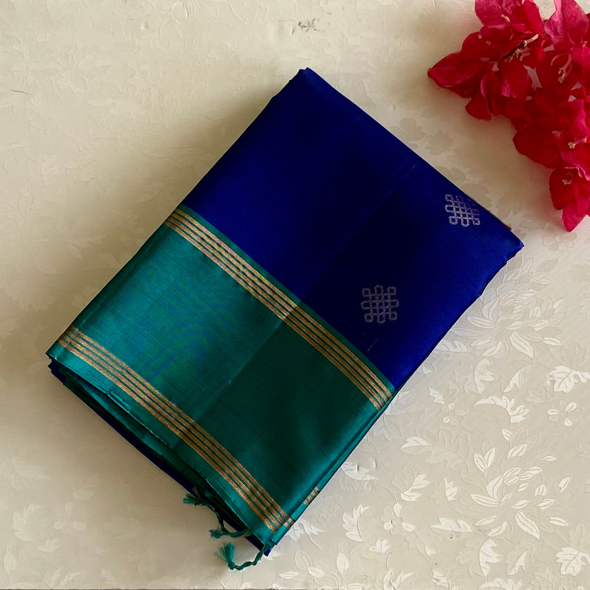 Royal Blue Kollam Zari Designer Pure Silk Saree With Sea Turquoise Pallu