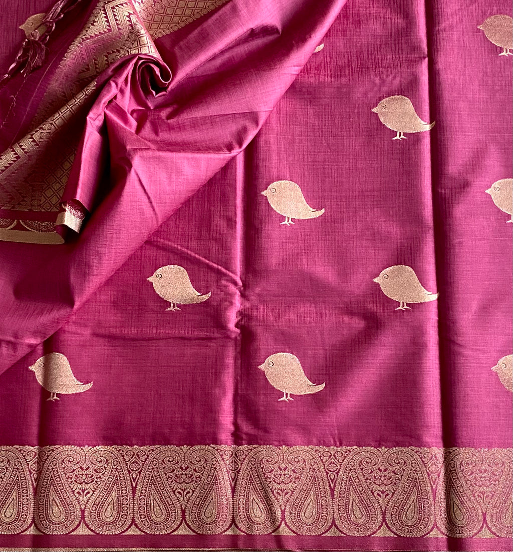 Deep Onion pink with antique silver zari soft tussar with rich borders n pallu
