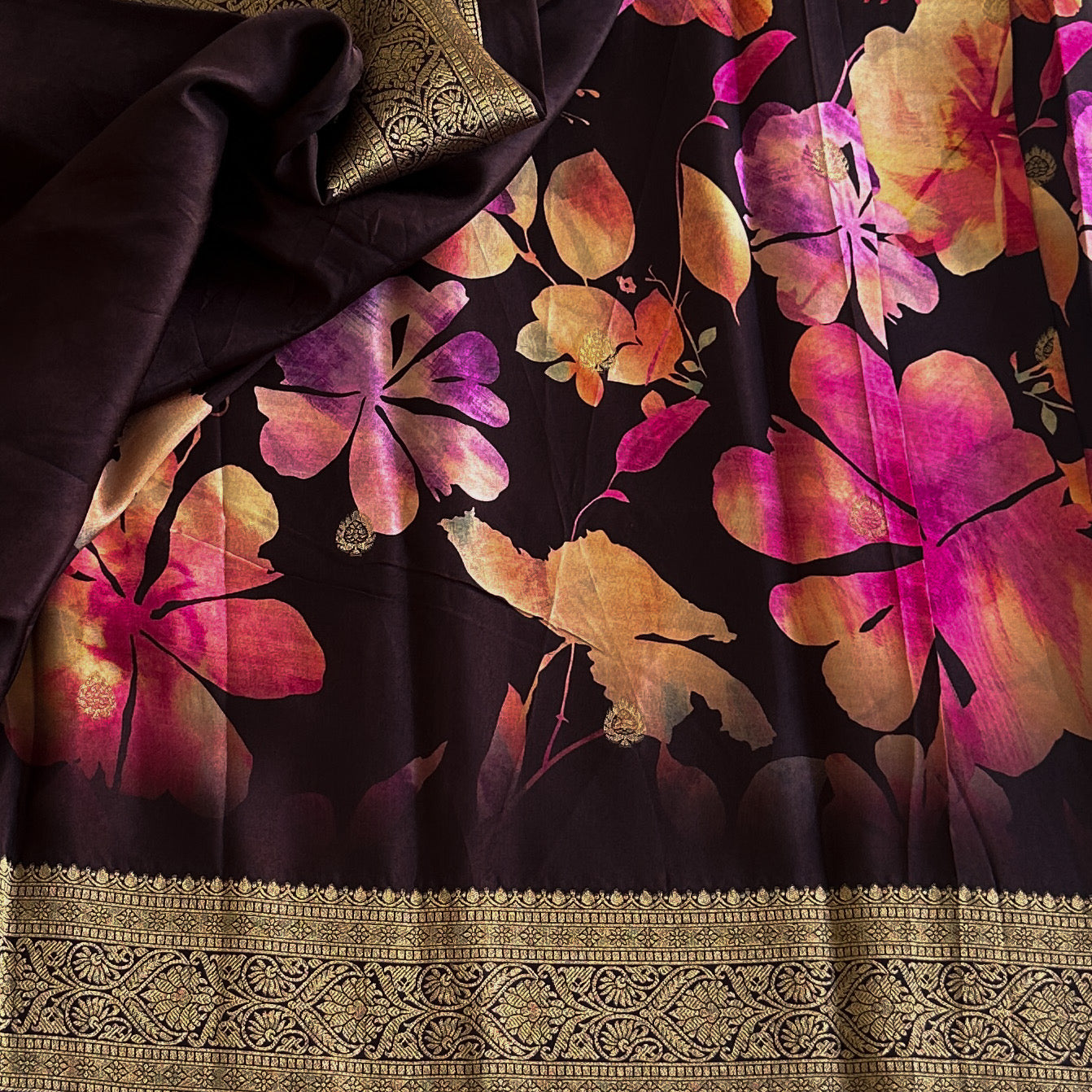 Deep Plum soft tussar Silk  Antique Gold Brocade Floral Pallu Woven Border