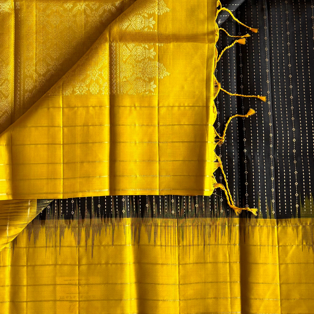 Jet Black & Golden Yellow Designer Pure Silk with Twilight Zari weave
