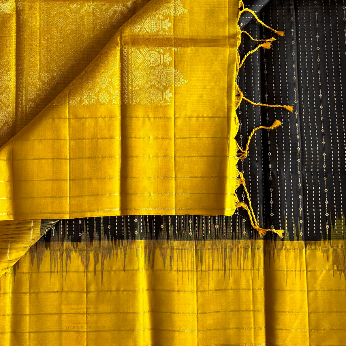 Jet Black & Golden Yellow Designer Pure Silk with Twilight Zari weave