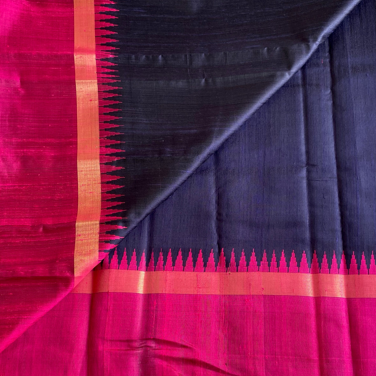 Navy Blue With Rani Pink Handwoven Pure Raw Silk
