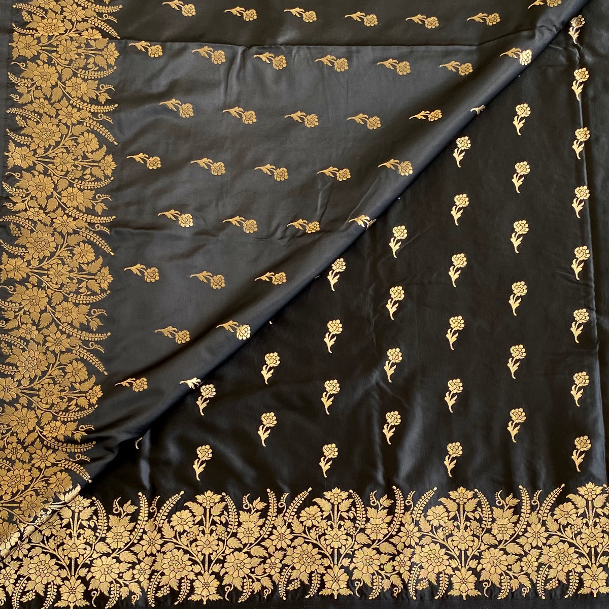 Jet Black gold zari woven designer soft gaji silk