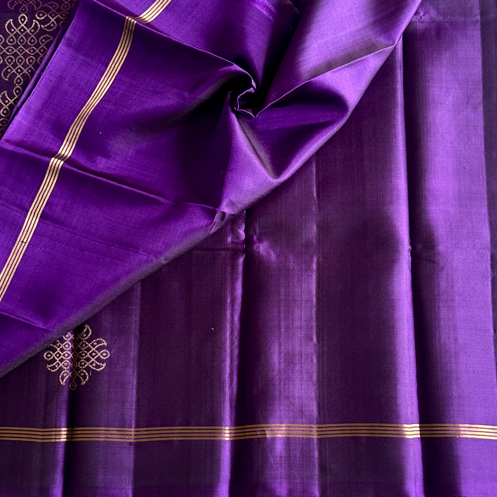 Royal Purple Designer Pure Silk Saree With Antique Gold Kollam Zari