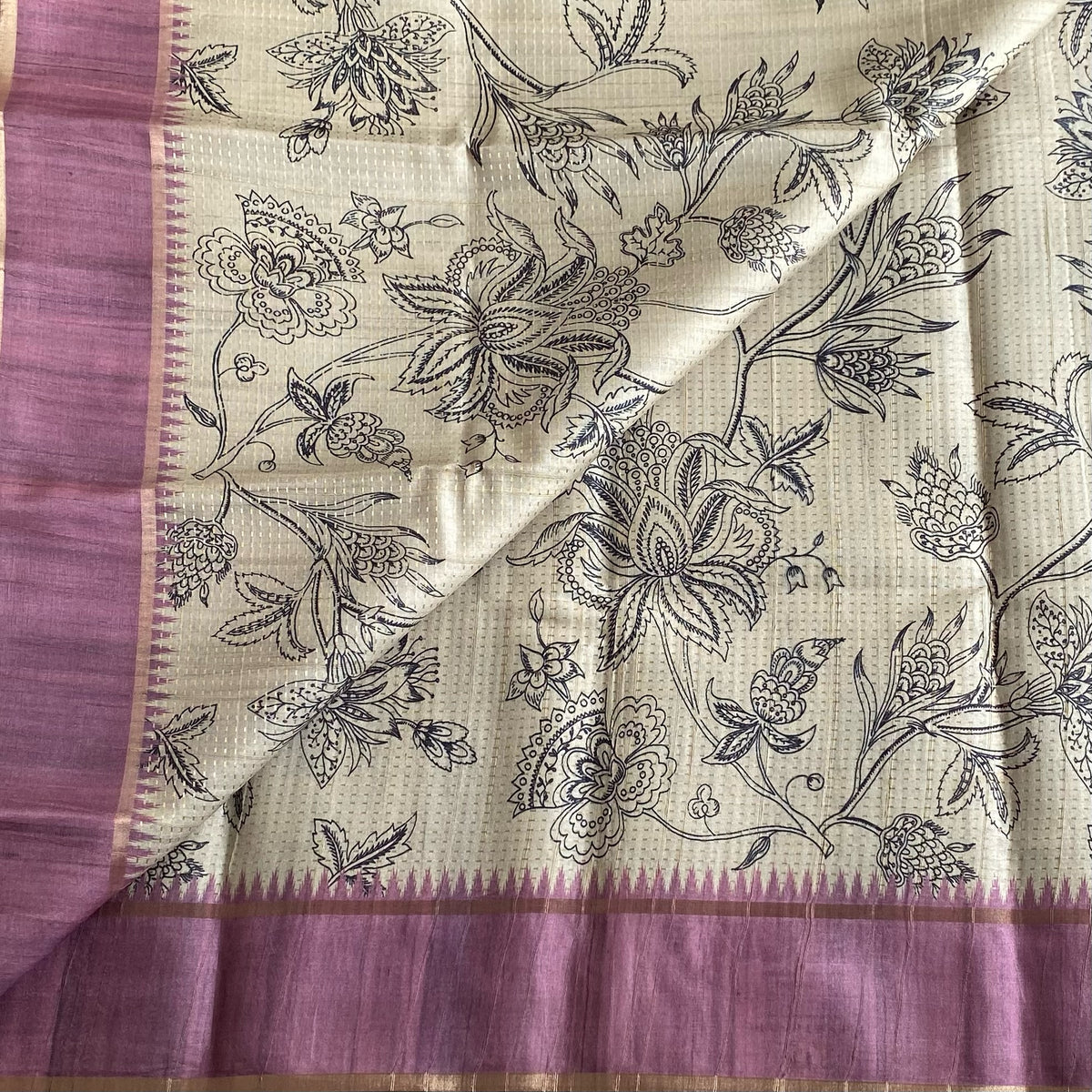 Ecru Beige Soft Tussar Silk Saree With Dreamy Lavender Panel